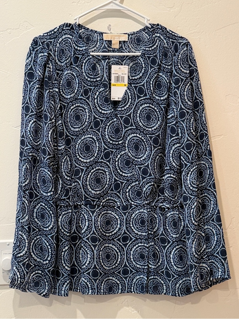 Michael Kors Navy and Light Blue Circular-Print Long-Sleeve Blouse